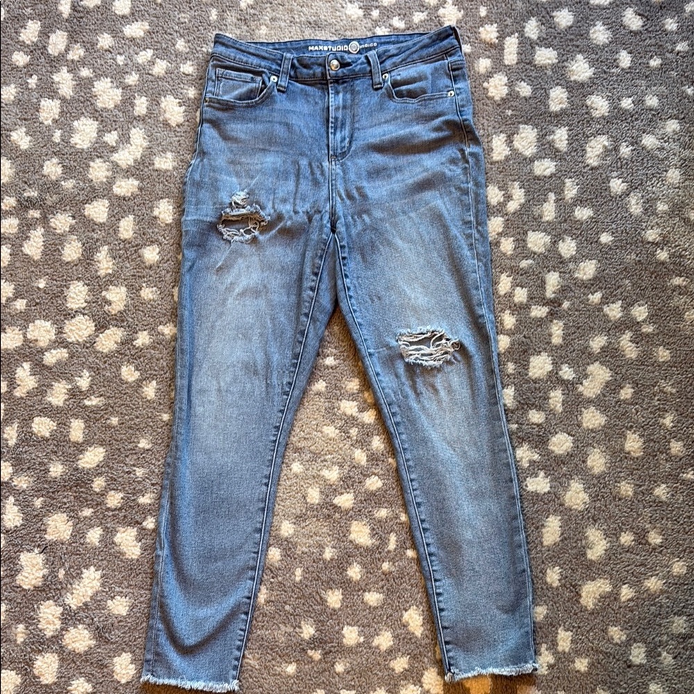 Max Studio Indigo Light Blue Distressed High Rise Skinny Ankle Jeans